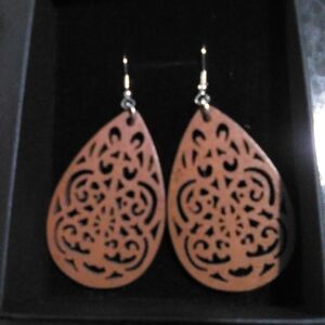 NEW Carved Wood Brown Earrings